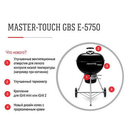Угольный гриль барбекю Вебер Master-Touch E-5750 57 см туманно-серый уличный